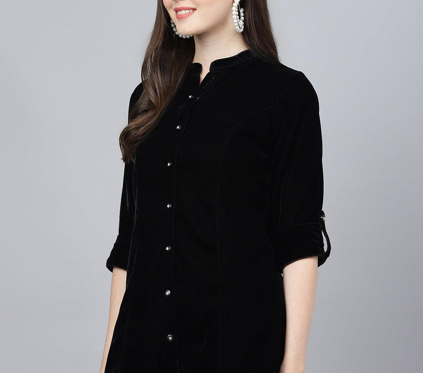 Divena Black Solid Velvet A-line Shirts Style Top - divena world