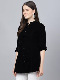 Divena Black Solid Velvet A-line Shirts Style Top - divena world