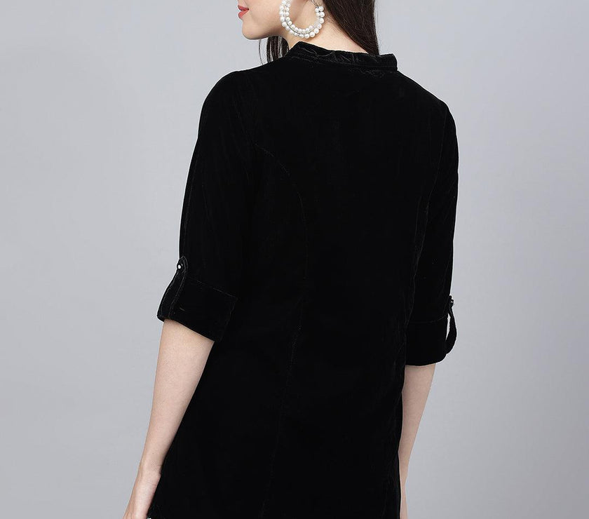 Divena Black Solid Velvet A-line Shirts Style Top - divena world