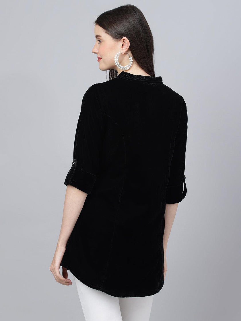 Divena Black Solid Velvet A-line Shirts Style Top - divena world