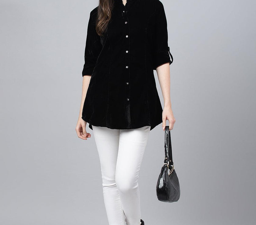 Divena Black Solid Velvet A-line Shirts Style Top - divena world