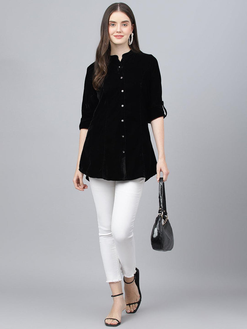 Divena Black Solid Velvet A-line Shirts Style Top - divena world