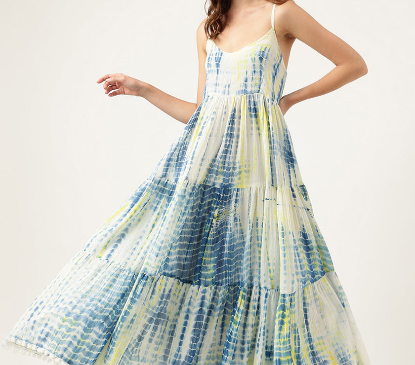 Blue Tie and Dye Dyed with Pom-Pom Detail Maxi Dress