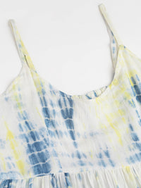 Blue Tie and Dye Dyed with Pom-Pom Detail Maxi Dress