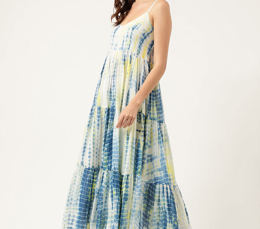 Blue Tie and Dye Dyed with Pom-Pom Detail Maxi Dress