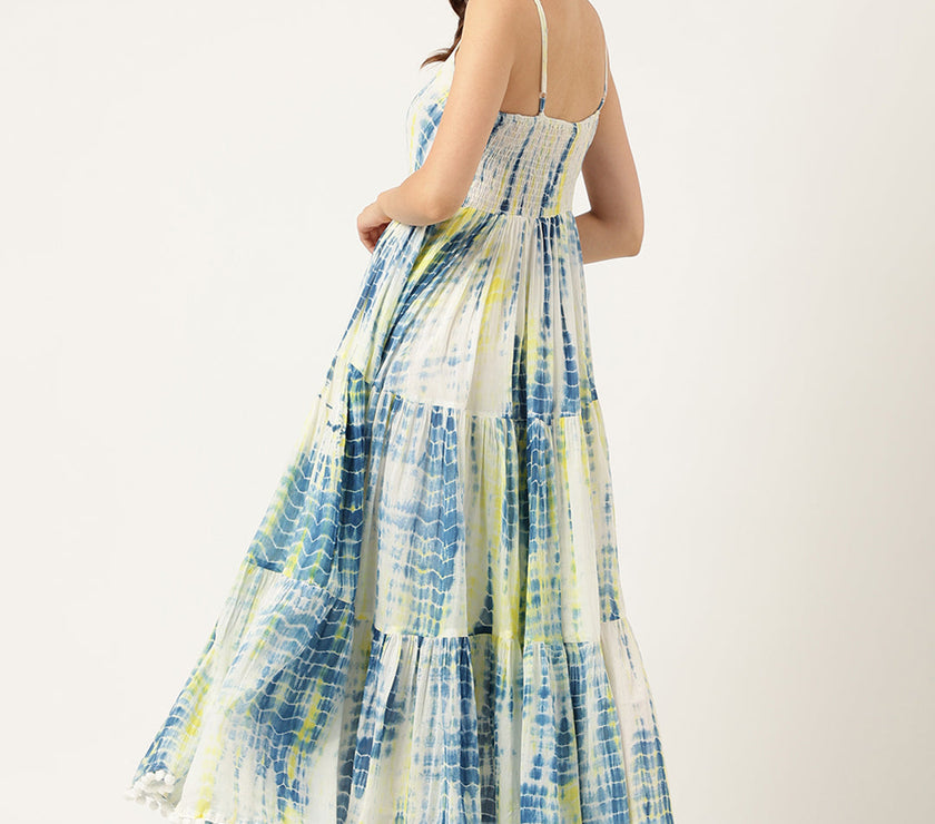 Blue Tie and Dye Dyed with Pom-Pom Detail Maxi Dress