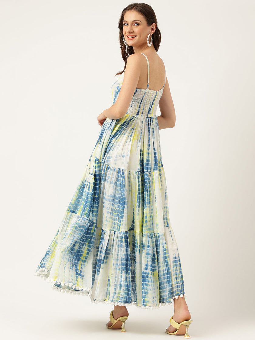 Blue Tie and Dye Dyed with Pom-Pom Detail Maxi Dress