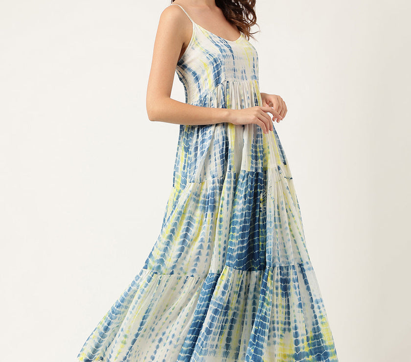 Blue Tie and Dye Dyed with Pom-Pom Detail Maxi Dress