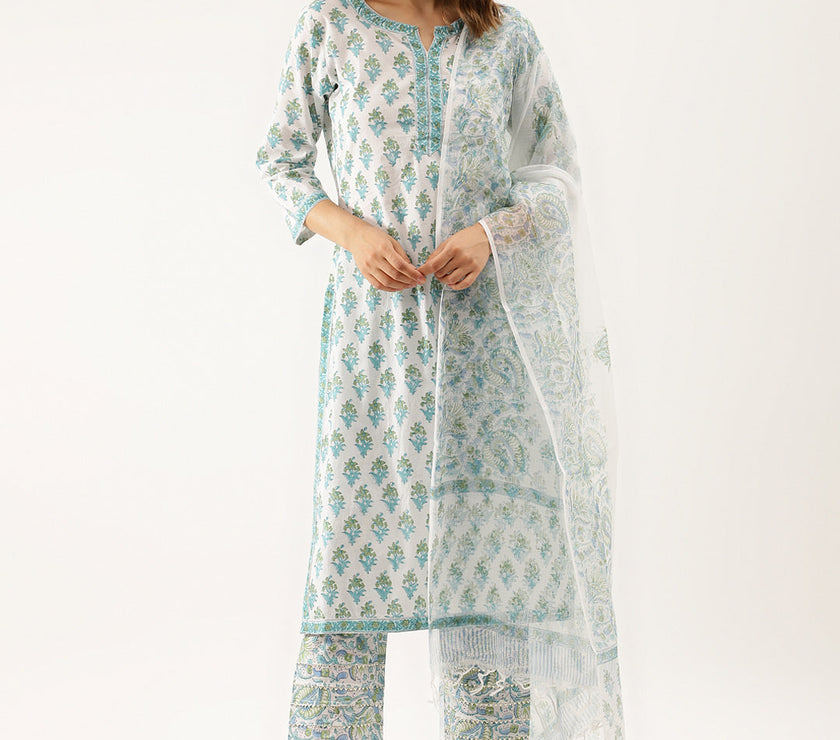 Divena White Sea blue Handblock Floral Printed Cotton Kurta Set with Kota Doria Dupatta