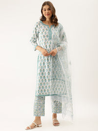 Divena White Sea blue Handblock Floral Printed Cotton Kurta Set with Kota Doria Dupatta