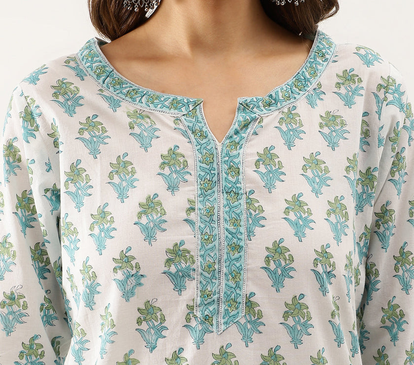 Divena White Sea blue Handblock Floral Printed Cotton Kurta Set with Kota Doria Dupatta