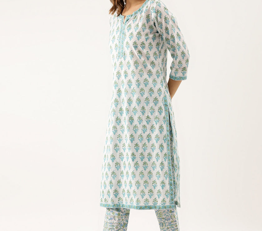 Divena White Sea blue Handblock Floral Printed Cotton Kurta Set with Kota Doria Dupatta