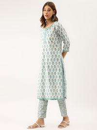 Divena White Sea blue Handblock Floral Printed Cotton Kurta Set with Kota Doria Dupatta