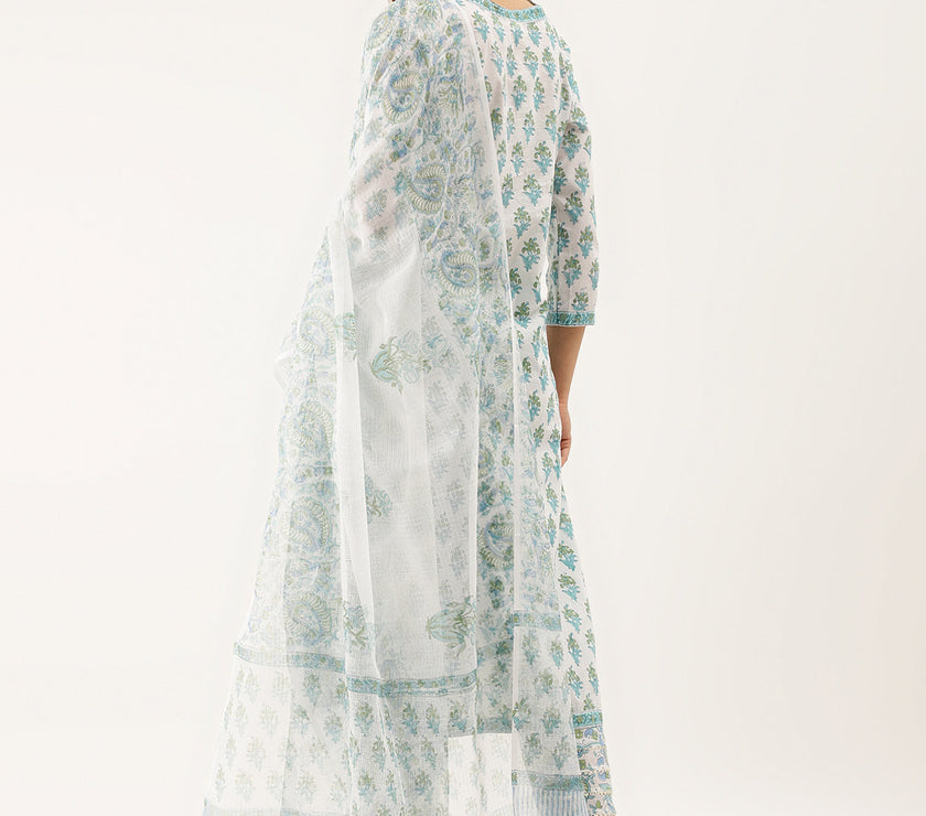 Divena White Sea blue Handblock Floral Printed Cotton Kurta Set with Kota Doria Dupatta