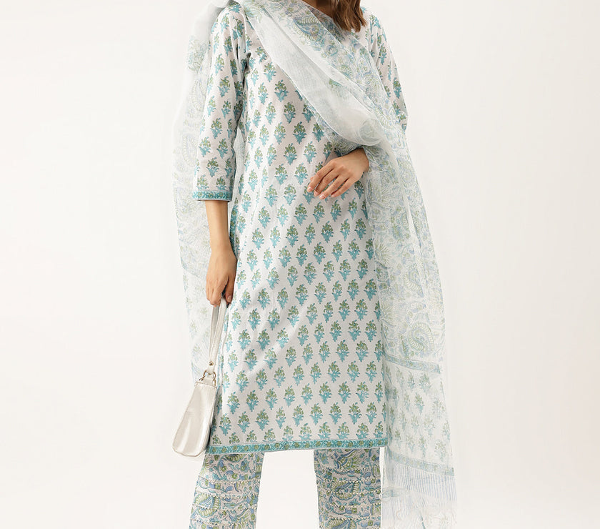 Divena White Sea blue Handblock Floral Printed Cotton Kurta Set with Kota Doria Dupatta