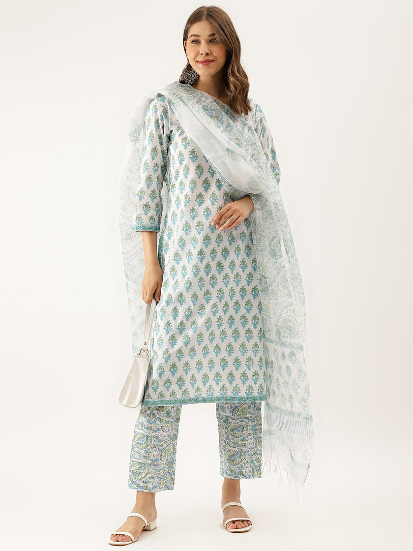 Divena White Sea blue Handblock Floral Printed Cotton Kurta Set with Kota Doria Dupatta