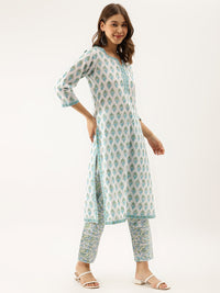 Divena White Sea blue Handblock Floral Printed Cotton Kurta Set with Kota Doria Dupatta