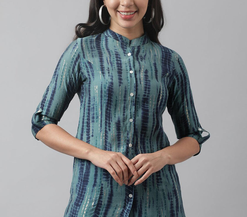 Divena Teal Floral Printed Muslin A-line Shirt Style Top - divena world