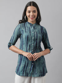 Divena Teal Floral Printed Muslin A-line Shirt Style Top - divena world