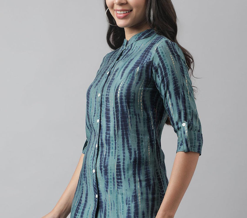 Divena Teal Floral Printed Muslin A-line Shirt Style Top - divena world