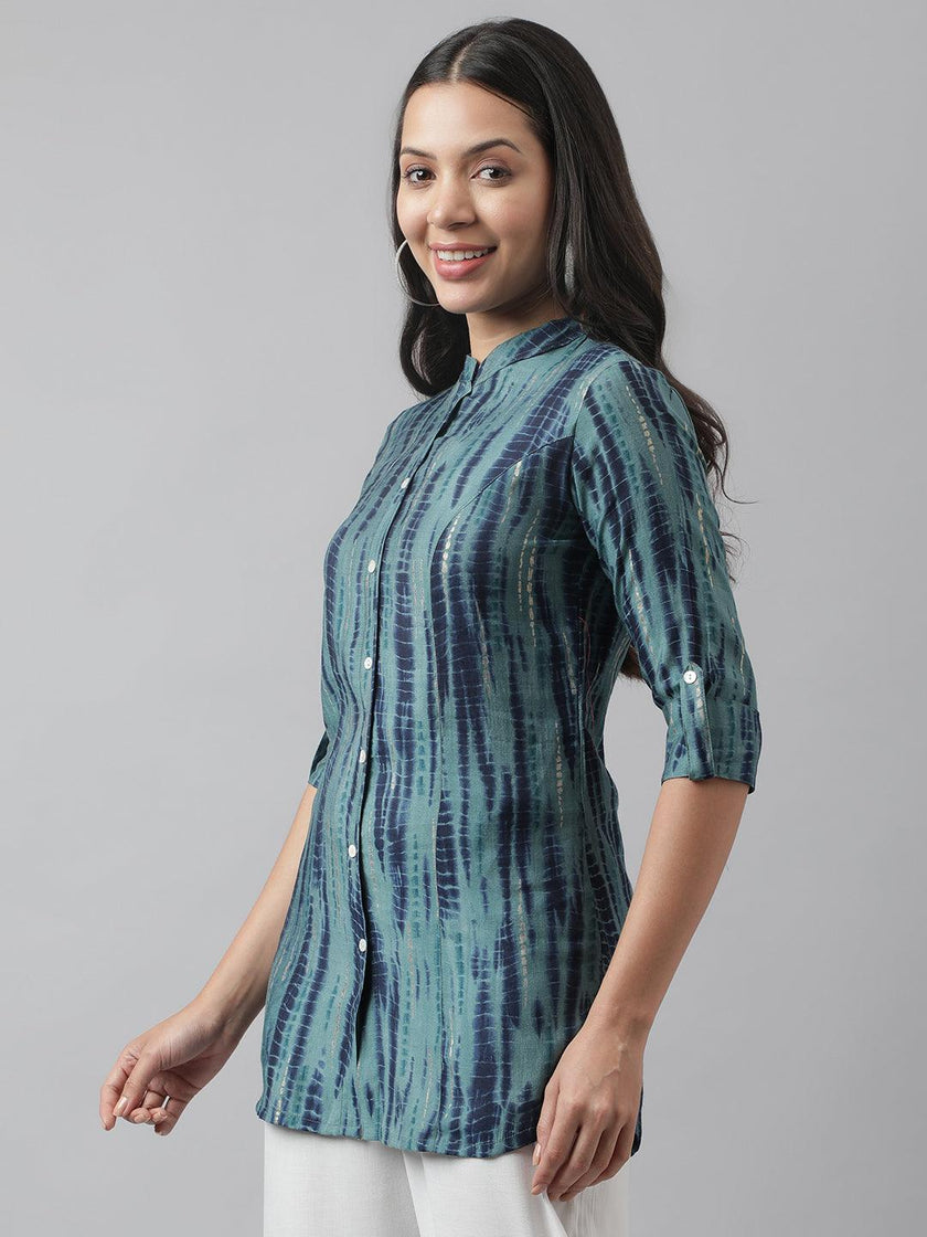 Divena Teal Floral Printed Muslin A-line Shirt Style Top - divena world