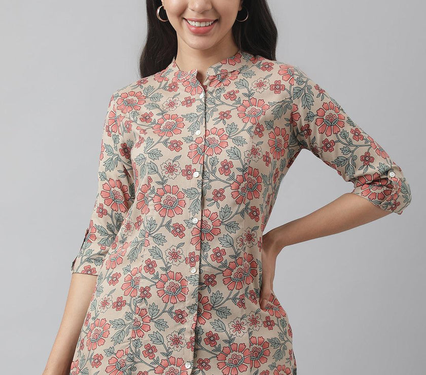 Divena Dark Beige Floral Printed Rayon A-line Shirt Style Top - divena world