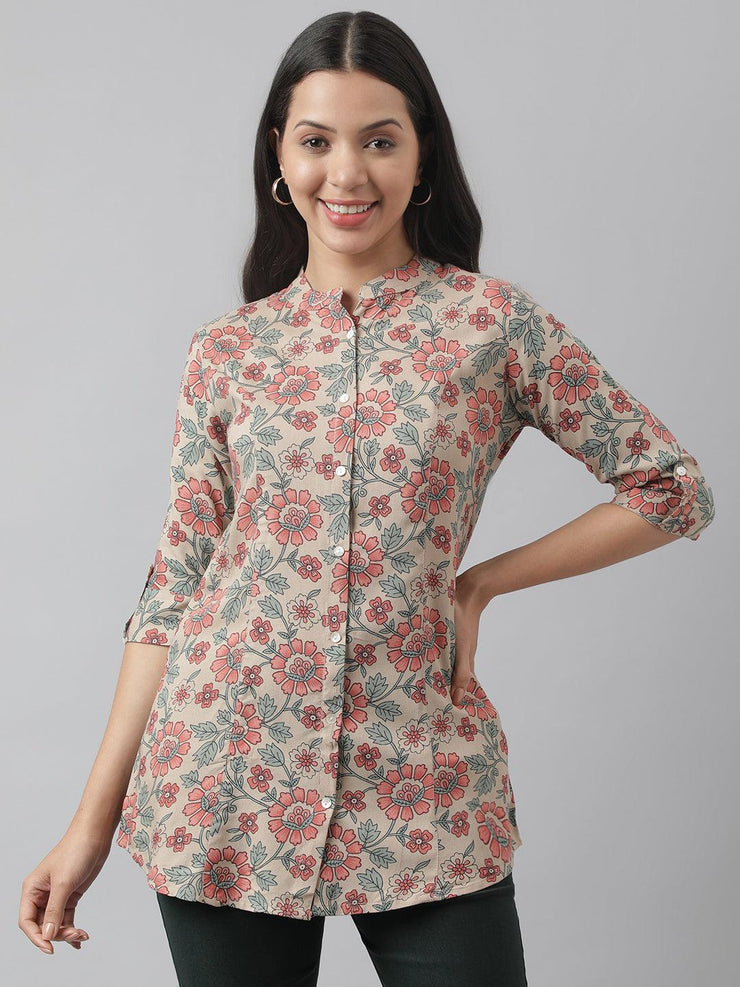 Divena Dark Beige Floral Printed Rayon A-line Shirt Style Top - divena world