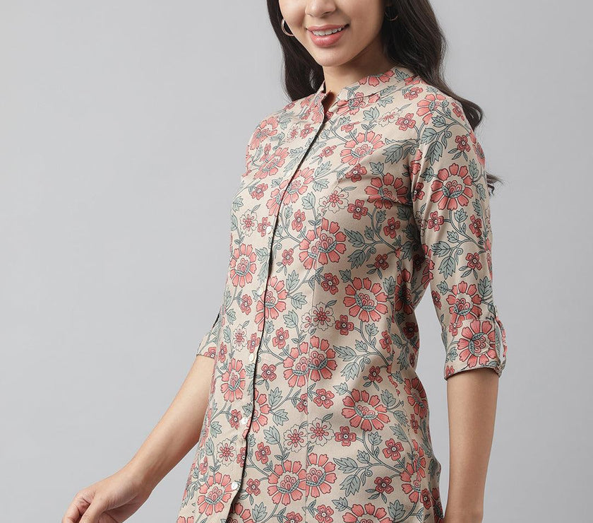 Divena Dark Beige Floral Printed Rayon A-line Shirt Style Top - divena world