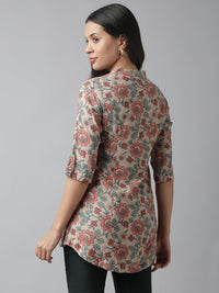 Divena Dark Beige Floral Printed Rayon A-line Shirt Style Top - divena world