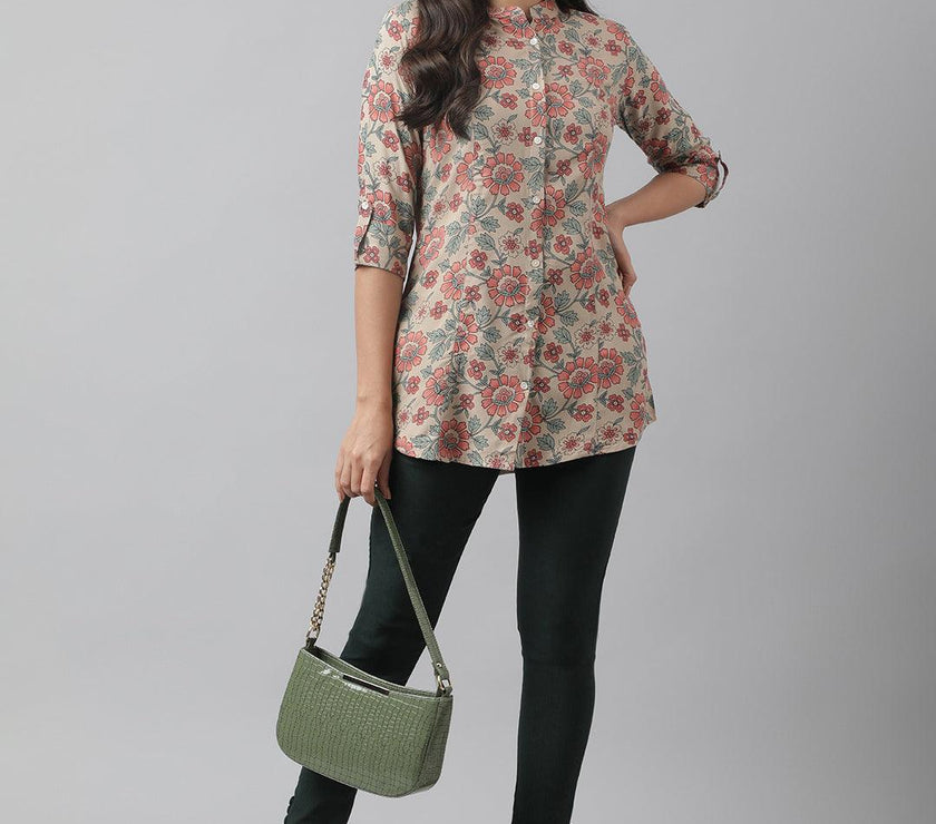 Divena Dark Beige Floral Printed Rayon A-line Shirt Style Top - divena world