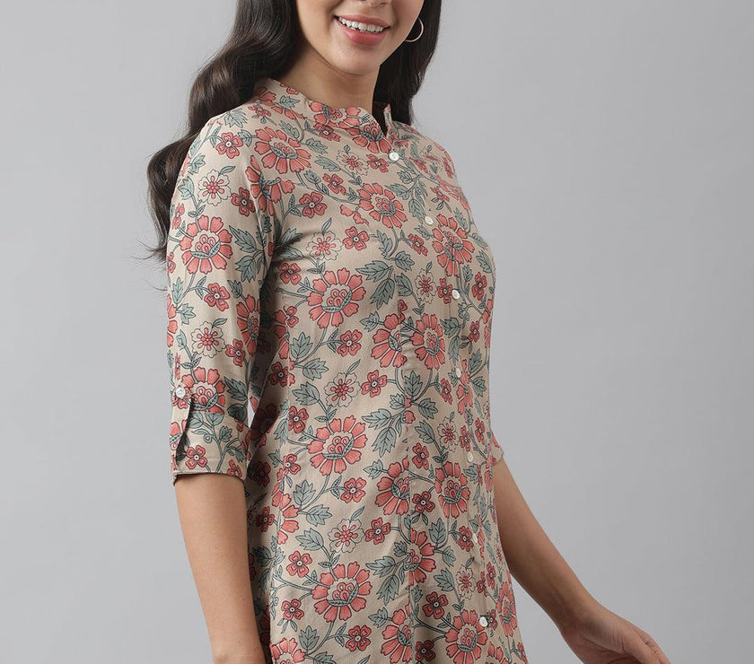 Divena Dark Beige Floral Printed Rayon A-line Shirt Style Top - divena world