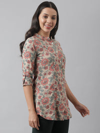 Divena Dark Beige Floral Printed Rayon A-line Shirt Style Top - divena world