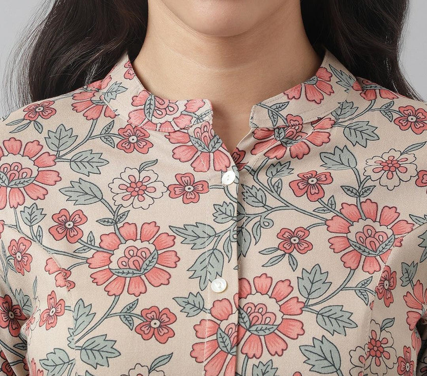 Divena Dark Beige Floral Printed Rayon A-line Shirt Style Top - divena world