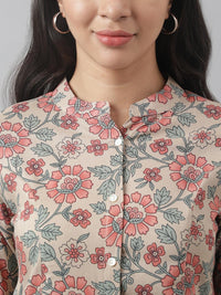 Divena Dark Beige Floral Printed Rayon A-line Shirt Style Top - divena world