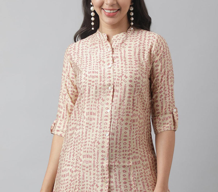 Divena Beige Floral Printed Muslin A-line Shirt Style Top - divena world