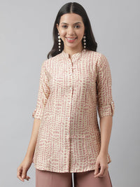 Divena Beige Floral Printed Muslin A-line Shirt Style Top - divena world