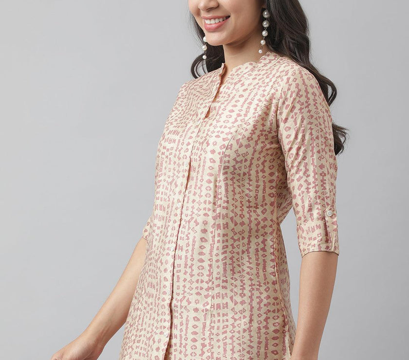 Divena Beige Floral Printed Muslin A-line Shirt Style Top - divena world