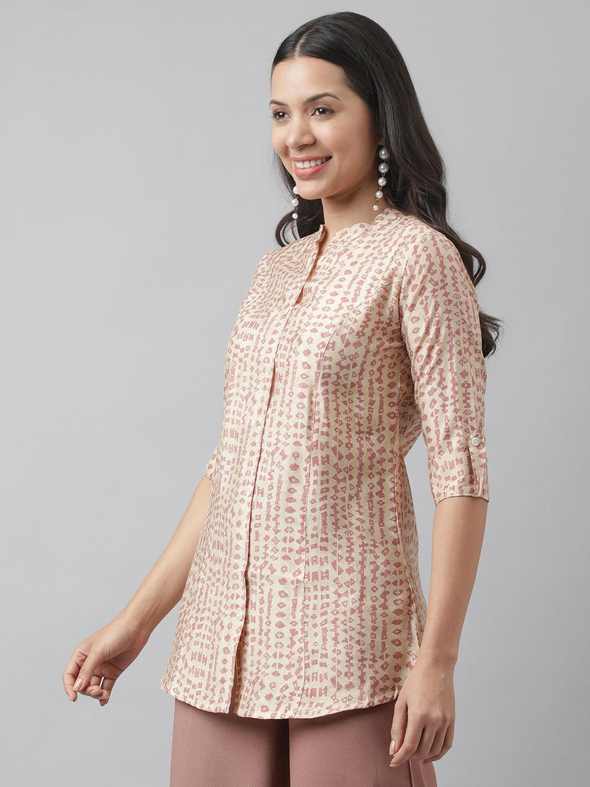 Divena Beige Floral Printed Muslin A-line Shirt Style Top - divena world