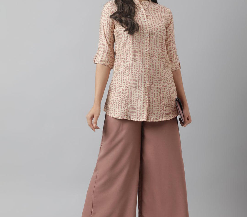 Divena Beige Floral Printed Muslin A-line Shirt Style Top - divena world