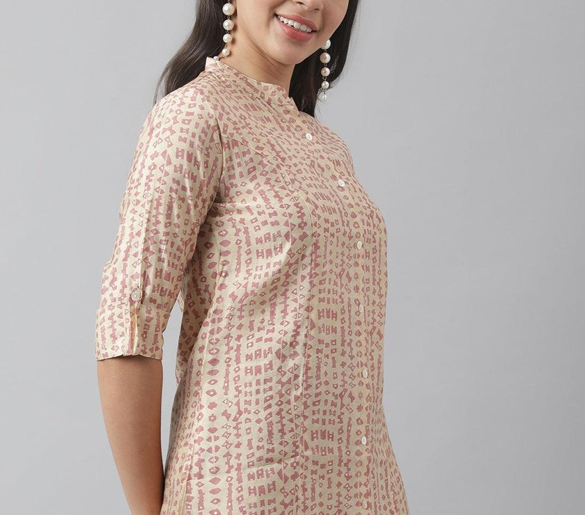 Divena Beige Floral Printed Muslin A-line Shirt Style Top - divena world