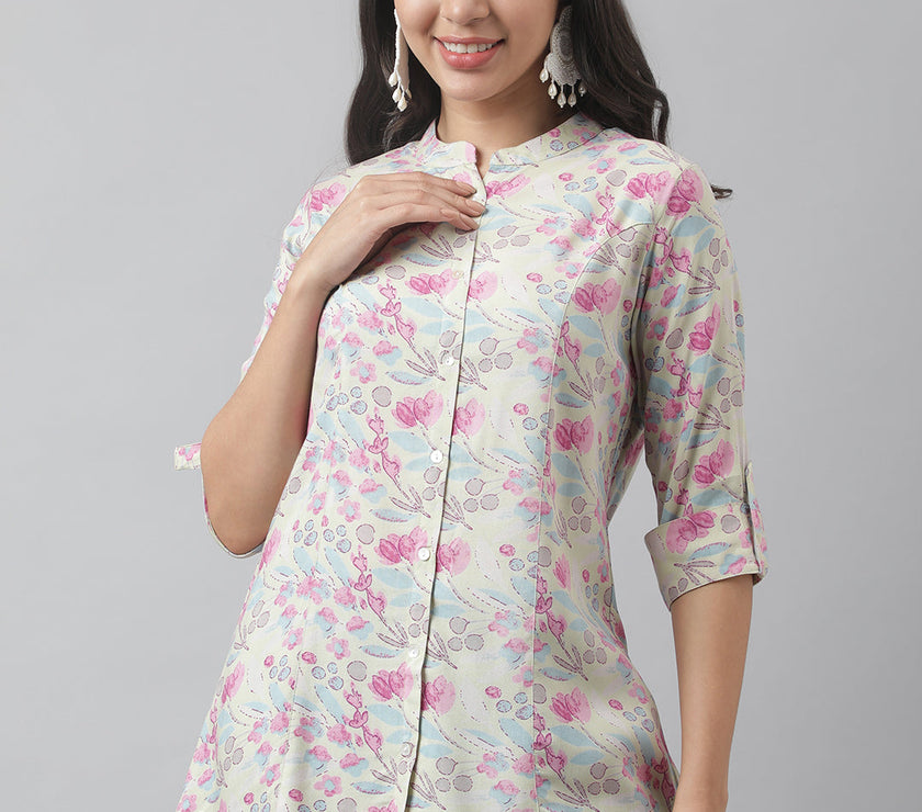 Divena Cream & Pink Floral Print Mandarin Collar Roll-Up Sleeves A-line Shirt Style Top