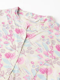 Divena Cream & Pink Floral Print Mandarin Collar Roll-Up Sleeves A-line Shirt Style Top