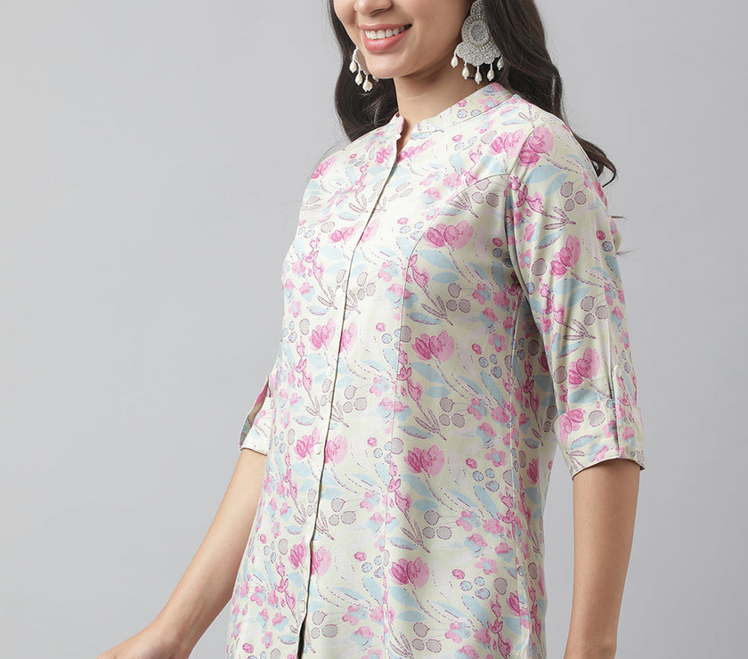 Divena Cream & Pink Floral Print Mandarin Collar Roll-Up Sleeves A-line Shirt Style Top