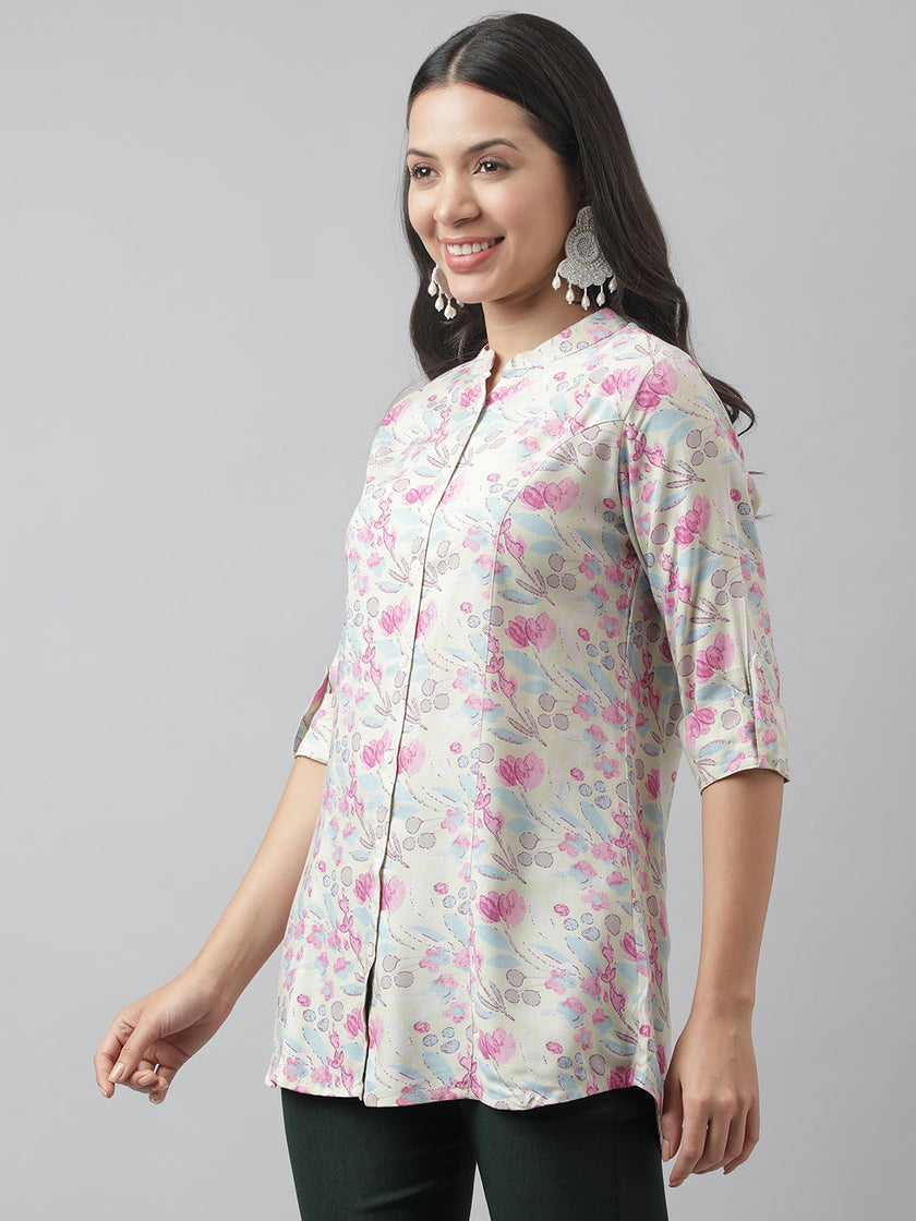 Divena Cream & Pink Floral Print Mandarin Collar Roll-Up Sleeves A-line Shirt Style Top