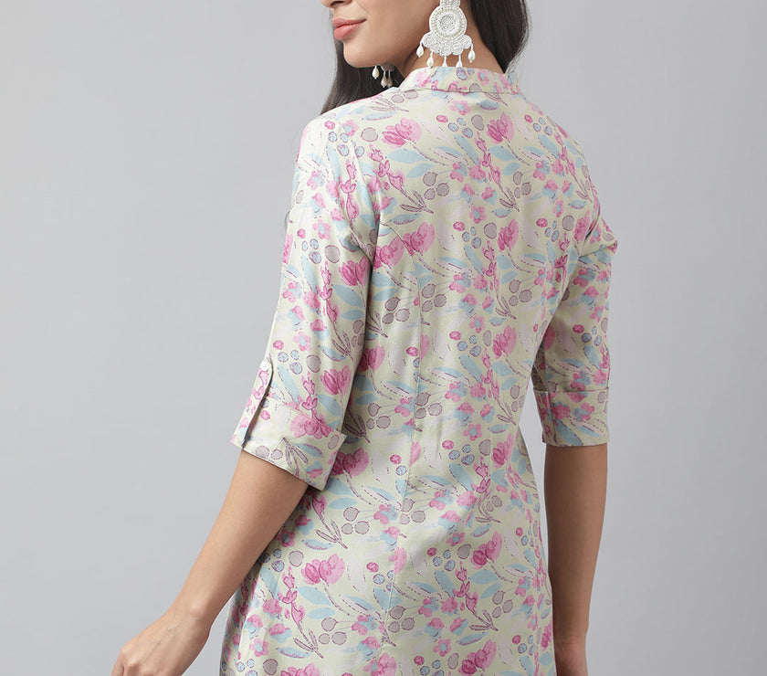 Divena Cream & Pink Floral Print Mandarin Collar Roll-Up Sleeves A-line Shirt Style Top