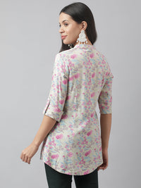 Divena Cream & Pink Floral Print Mandarin Collar Roll-Up Sleeves A-line Shirt Style Top