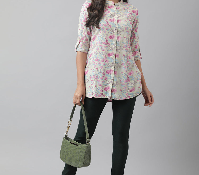 Divena Cream & Pink Floral Print Mandarin Collar Roll-Up Sleeves A-line Shirt Style Top