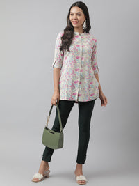 Divena Cream & Pink Floral Print Mandarin Collar Roll-Up Sleeves A-line Shirt Style Top