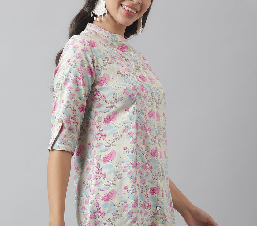 Divena Cream & Pink Floral Print Mandarin Collar Roll-Up Sleeves A-line Shirt Style Top