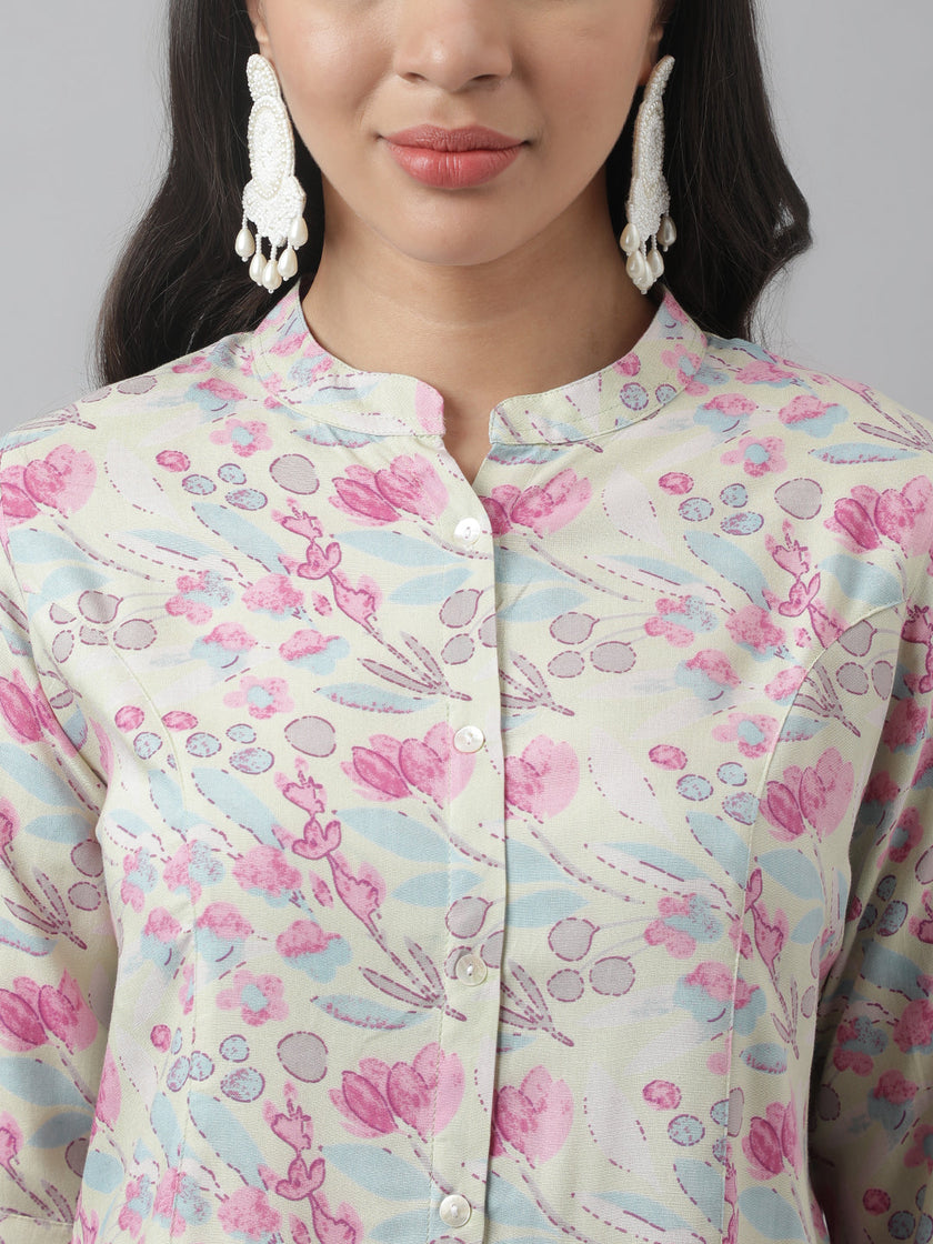 Divena Cream & Pink Floral Print Mandarin Collar Roll-Up Sleeves A-line Shirt Style Top